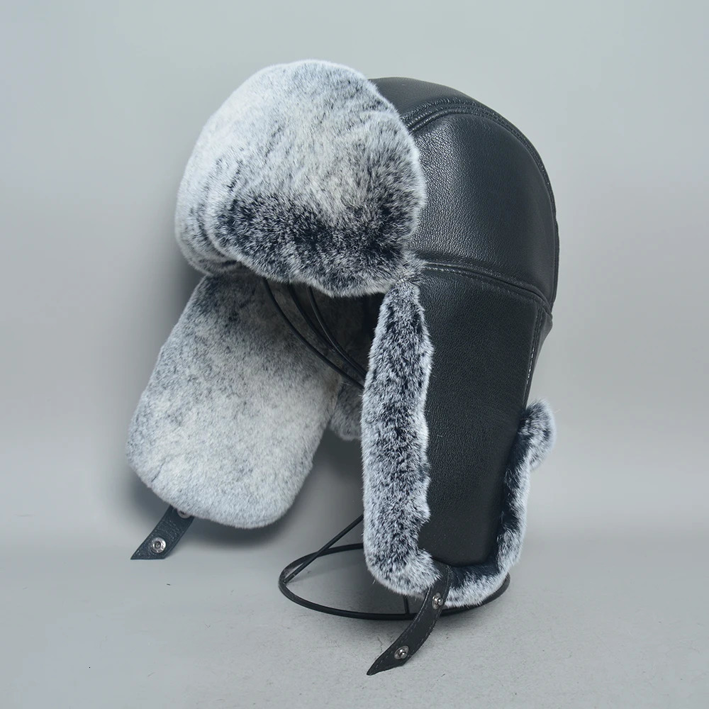 Unisex Real Rex Rabbit Fur Bomber Hat Ushanka Cap Trapper Russian Men Women Ski Hats Caps Sheepskin Leather Winter Warm 251013