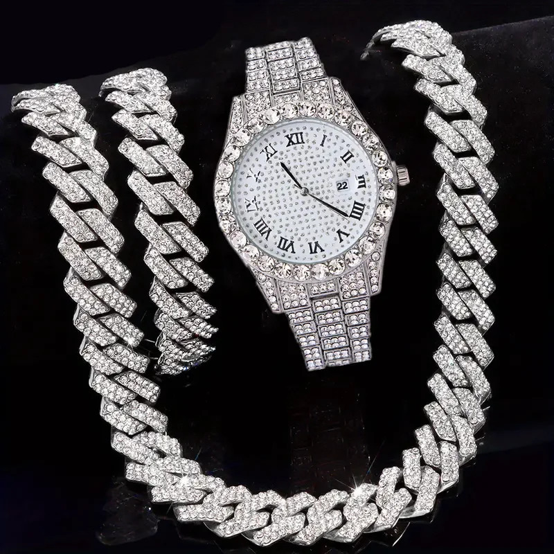 3pcsset NecklaceBraceletWatch Cuban Chain Watch for Men Hip Hop Miami Curb Iced Out Paved Rhinestone Rapper Cuban men Jewelry 251029
