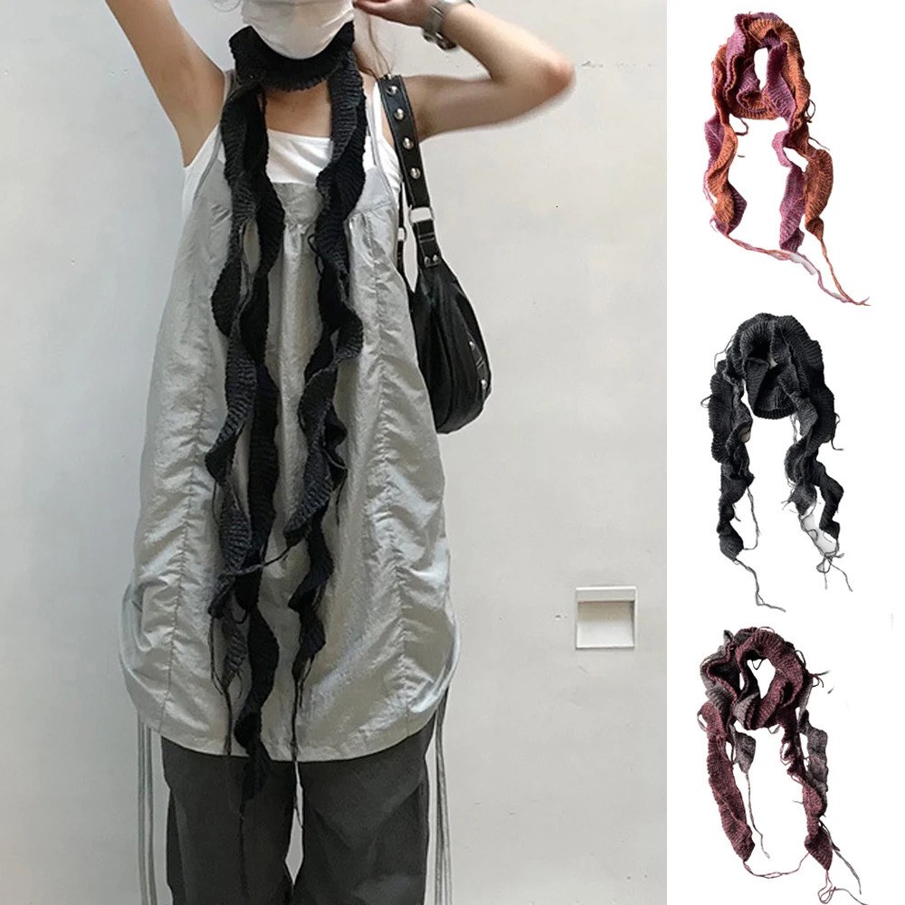 Y2k Girls Ruffle Edge knitted Long Scarf Harajuku Solid Color Skinny Thin Scarf Woman Decorative Scarf Women Tassel Narrow scarf 251029
