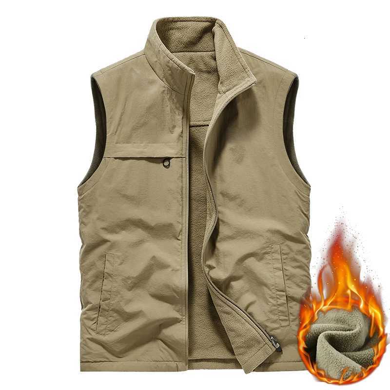 Mens Fleece Lined Vest Autumn Outdoor Thick Warm Fishing Vests Multi Pocket Industrial Workwear Vest Simple Casual Vest Jacket W251029