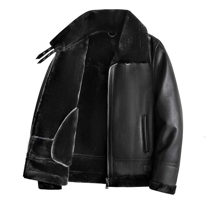 2025 Lamb Cashmere Solid Color Leather Jacket Zipper Men Fleece Plus Velvet Coats Warm Fashion Brand Male Casual Work PU JacketT251029