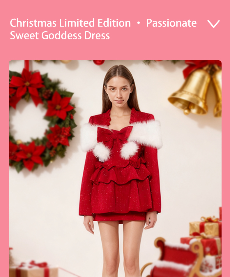 Prom Dresses Women's Red Christmas Two-Piece Set, Faux Fur Trim Bow Jacket & Ruffled Cami Dress, Festive Party & Holiday Outfit YJY0007