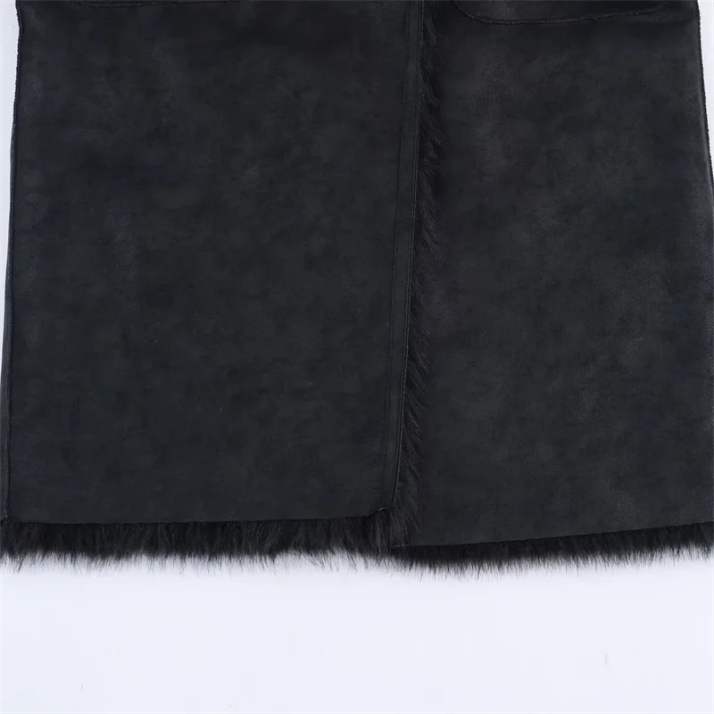 Womens Jacket Autumn Style Black LongSleeve Faux Fur Reversible Long Coat Elegant and Fashionable 251028