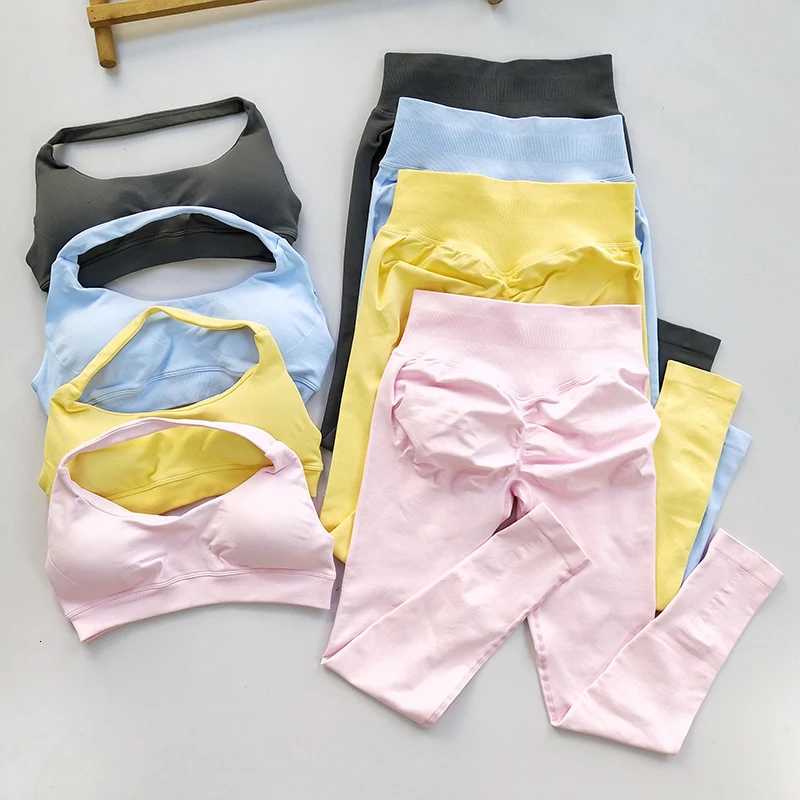 Sports Suit Womens Running 2PCS Set Seamless Yoga Thin Straps Beautiful Back Fitness Bras Gym Highwaisted Peach Leggings SetsXJ251029