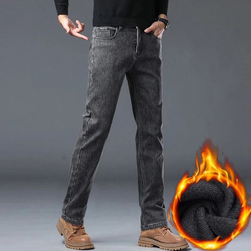 Winter Warm Jeans Mens Slim Straight Elastic Denim Pants Casual Male Clothing Fashion Plush Trousers Fashion Jeans 251029