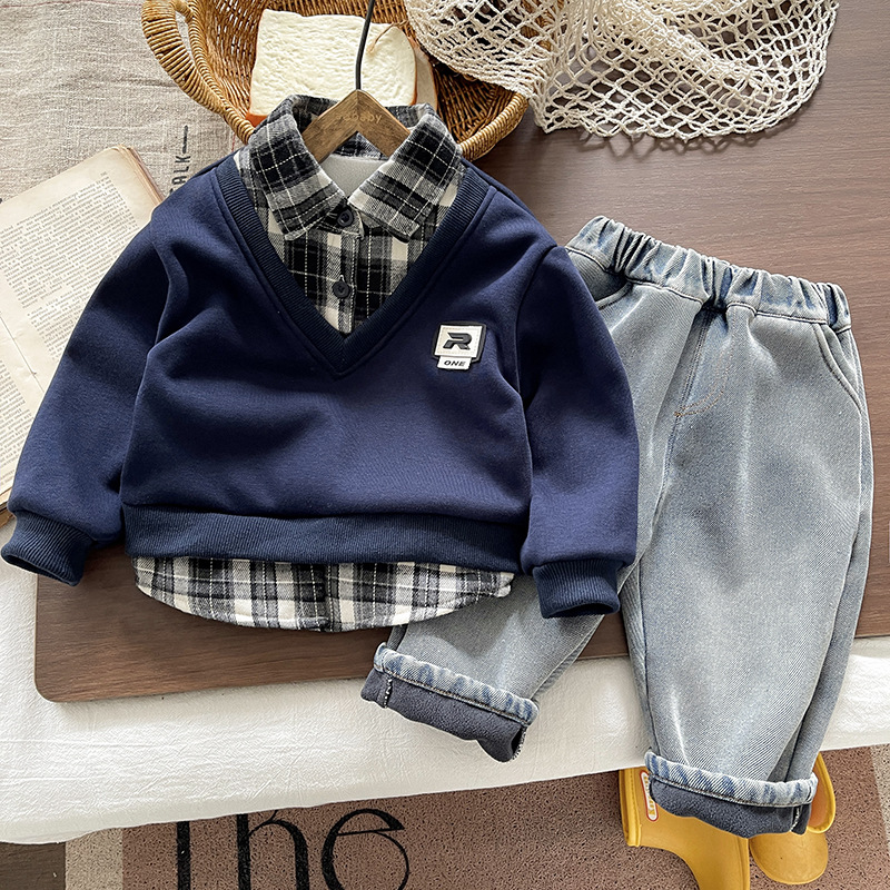 kids tracksuit 2025 New Warm Boys Clothes, Fleece Lined Mock Three Piece Hoodie Set, Casual Winter Outfit for Toddler Kids Daily Playtime