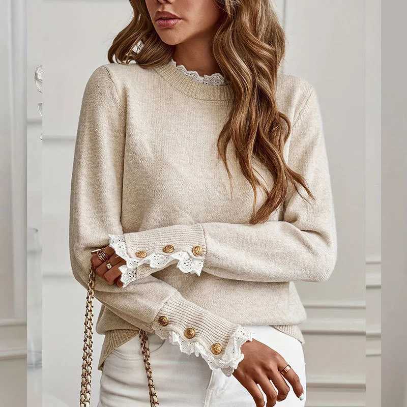 Autumn Winter Womens Knitted Sweater 2025 Fashion Lace Round Neck Long Sleeve Pullover Sweater Tops Women Casual J251029