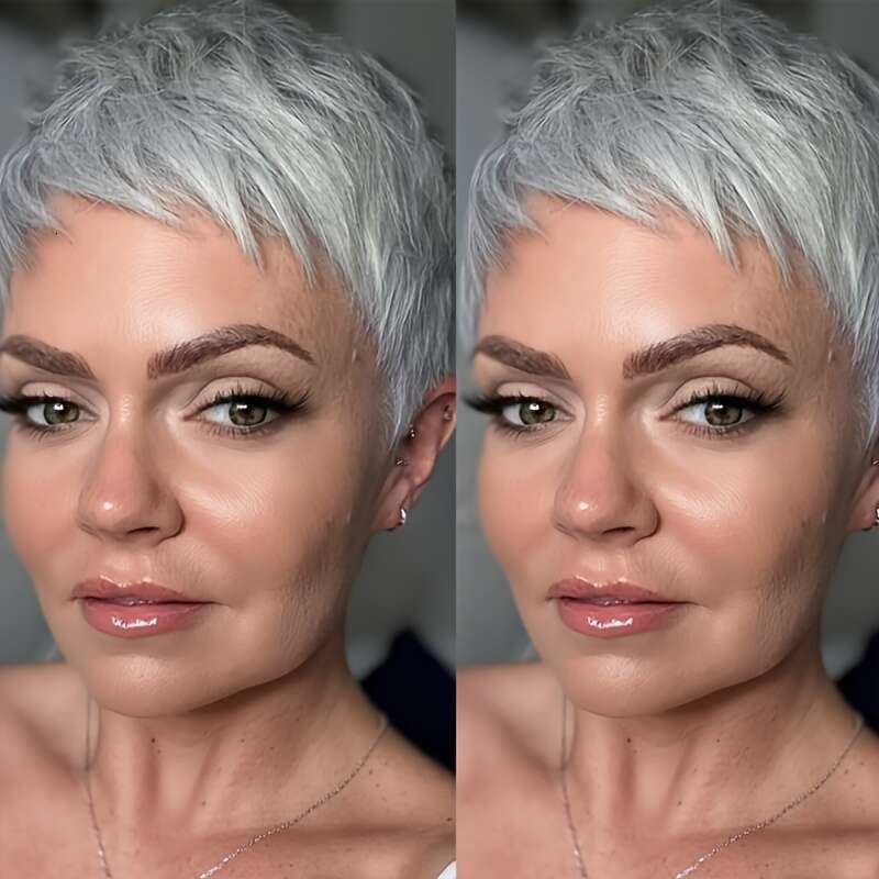-Looking Brazilian Human Pixie Cut Wig For Women Grey Short Bob With Bangs, 150% Density Glueless Layered Wig, Pre-Plucked Hairline Rose Net No Glue A