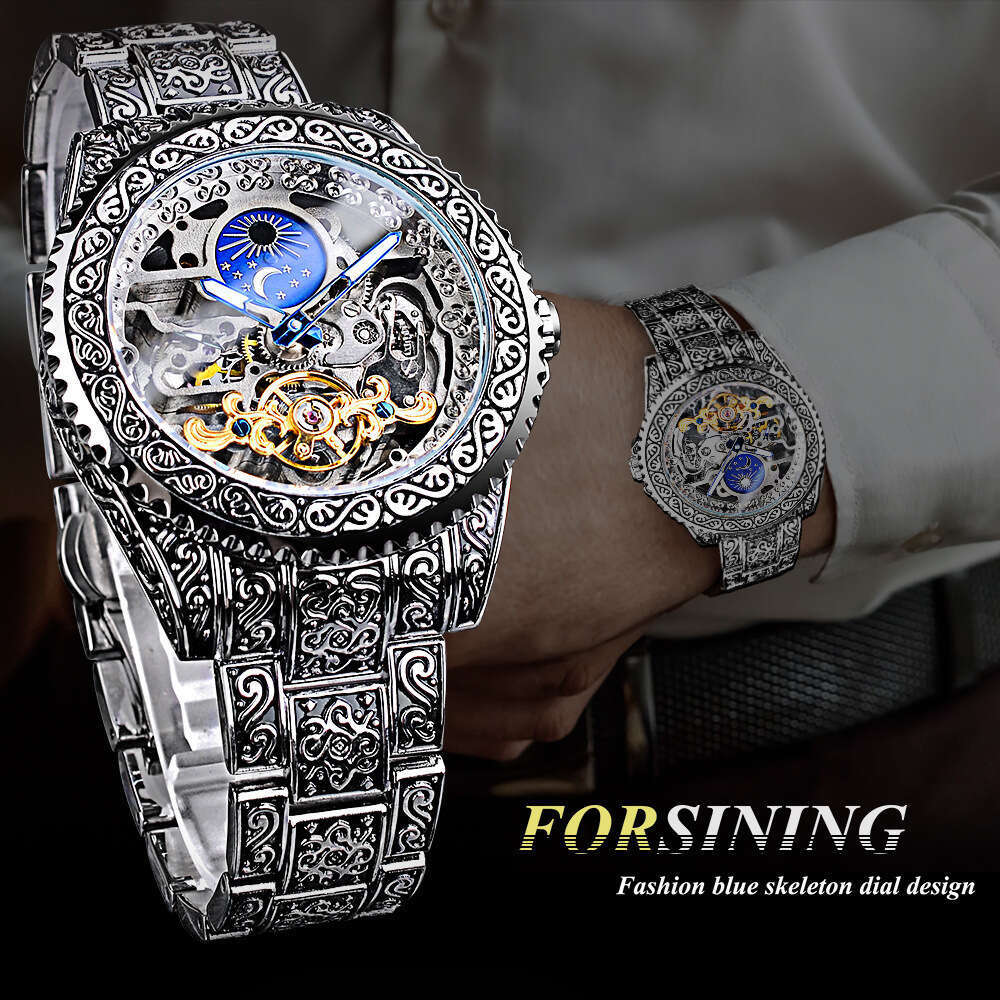New Men's Fashion Skeleton Carved Automatic Mechanical Watch