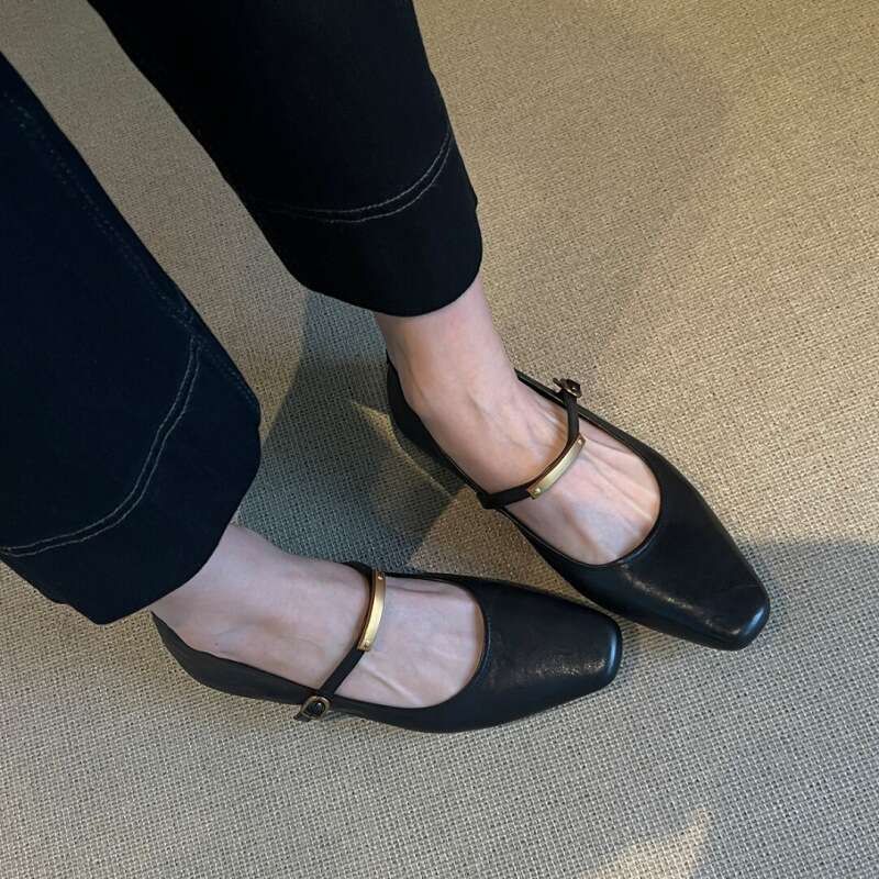 Sheepskin Version ~ Shallow Mouth Metal Buckle Black Mary Jane Designer Shoe for Women Flat Versatile Square Toe Single Shoes