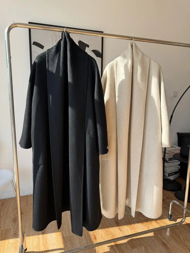 Office Lady Alpaca Woolen Jackets 2025 Fall And Winter Bathrobe Style Yarry Collar LaceUp Tie Loose Womens Long Wool Coats 251029