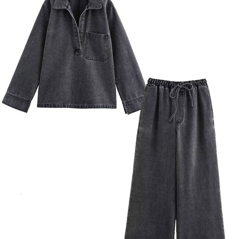 Autumn Jeans Sets Women Turndown Collar Casual Top Fashion High Waist Streetwear Female Denim Pant Two Piece Set 251028