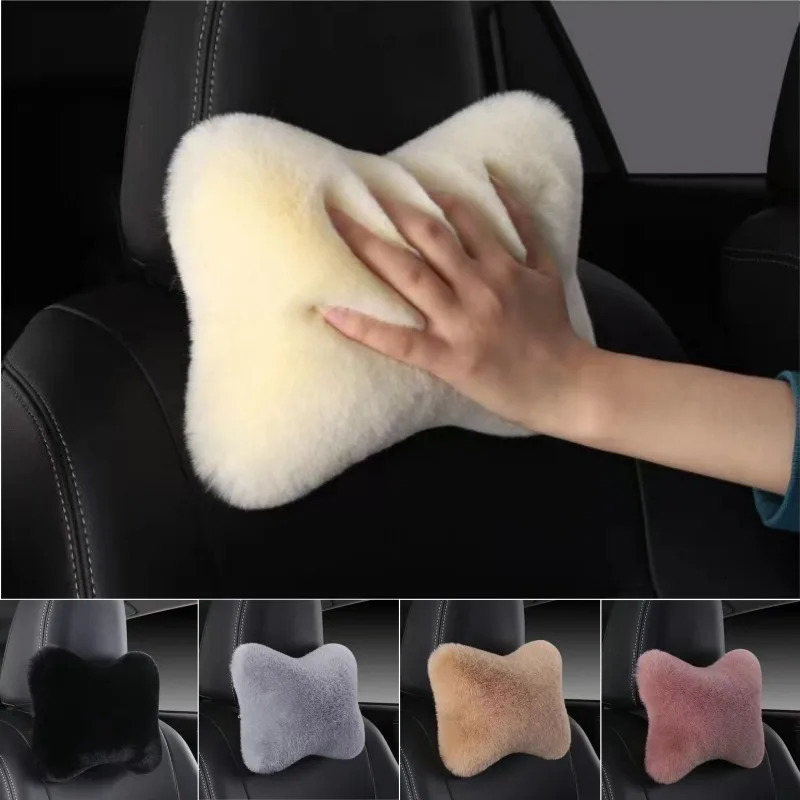1pc Car Headrest Lumbar Pillow Soft Rabbit Plush Comfort Cushion for All Seasons Ergonomic Driver Support Headrest 251029