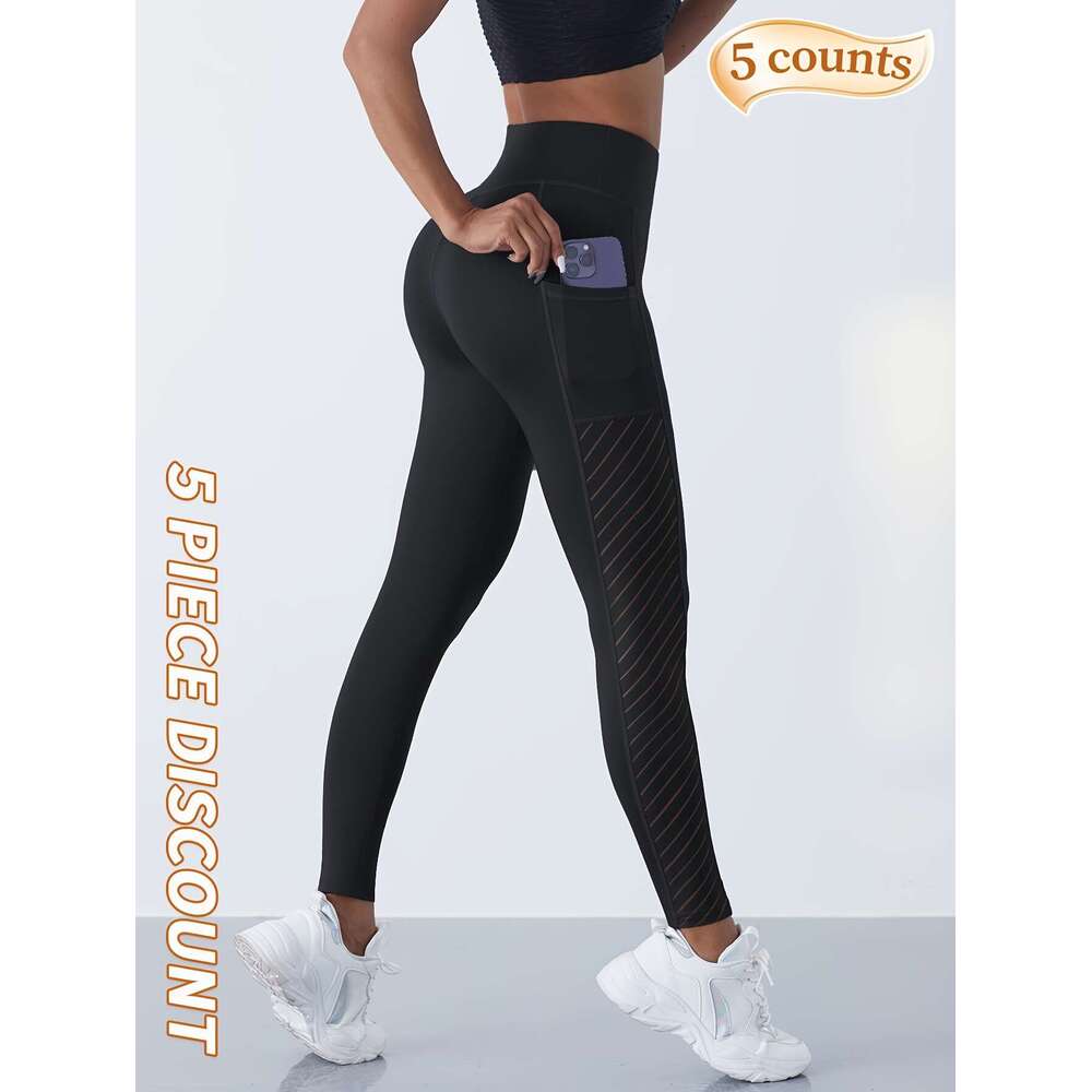 5pcs Yoga Pants With Pocket, Solid Color Stretch Fiess Sports Leggings, Women's Activewear