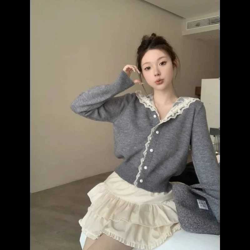 Lace Hooded Long Sleeve Knit Sweater Women Short Casual Top Winter ChicT251028