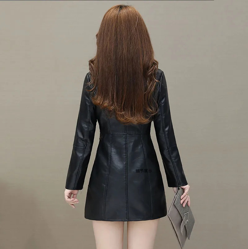 Womens Leather Windbreaker Plus Velvet Thick PU Leather Cotton Coat Long Suit Collar Large Size Fashion Warm Leather Jackets 251029