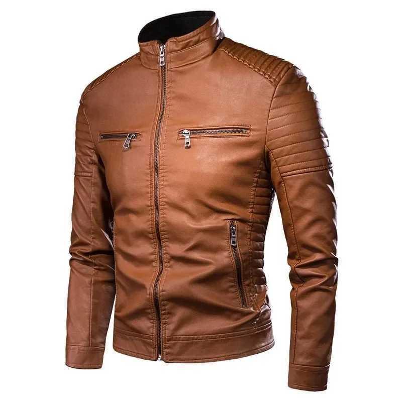 Autumn New Men Coat Solid Colors Leather Coats Stand Collar Motor Slim Multi Pockets Jackets Male Classic Leather JacketT251029