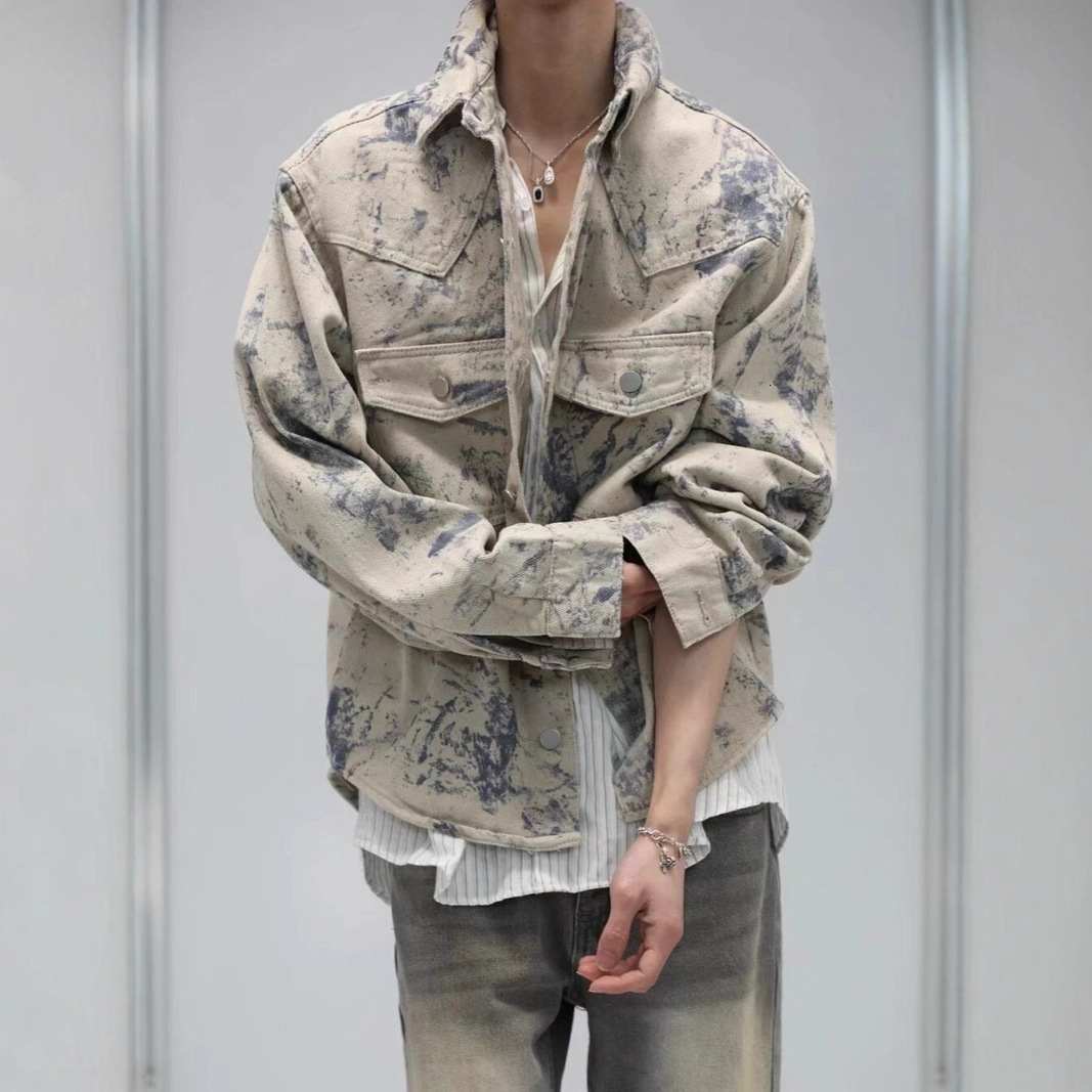 Tie-dye Lapel Denim Jacket For Men Spring And Autumn High-end Feel Stylish American High Street Niche Designer Jacket Lazy Style Top