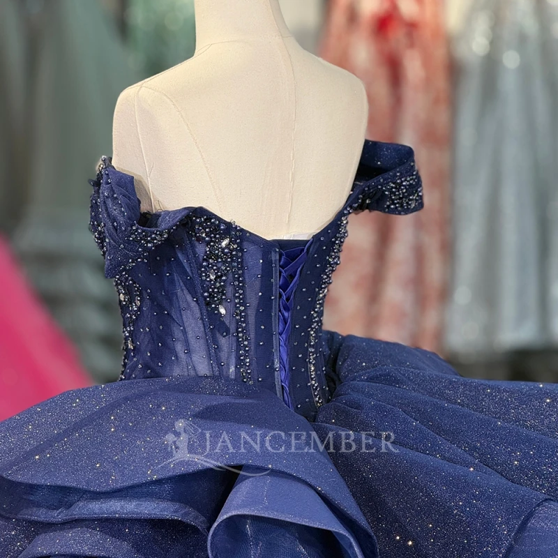 Navy Blue Shiny Ball Gown Quinceanera Dresses Off The Shoulder Applique Flower Beading Crystal Corset Tull Party Birthday Sweet 16 Dress