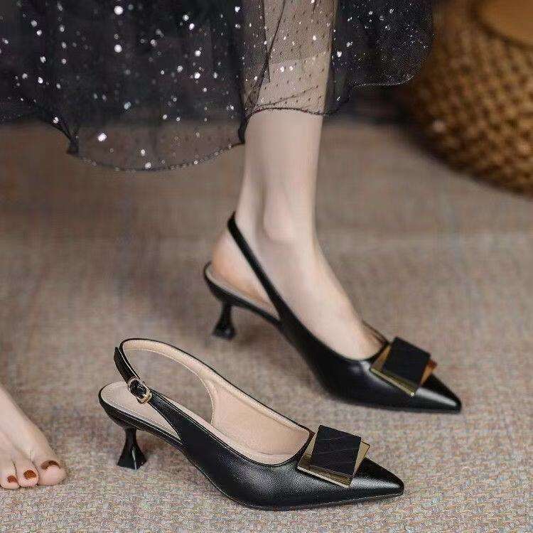 High Heels Women 2025 Autumn New Fairy Style Thin Heel Pointed Toe Work Soft Leather Square Buckle Designer Shoe Elegant Single Shoes