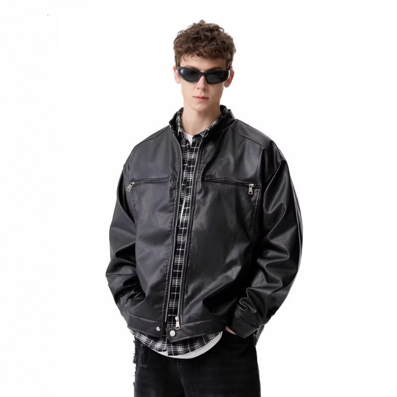 American Street Style Designer Jacket Zipper PU Leather Jacket 2025 New Couple Loose Leather Jacket Motorcycle Jacket