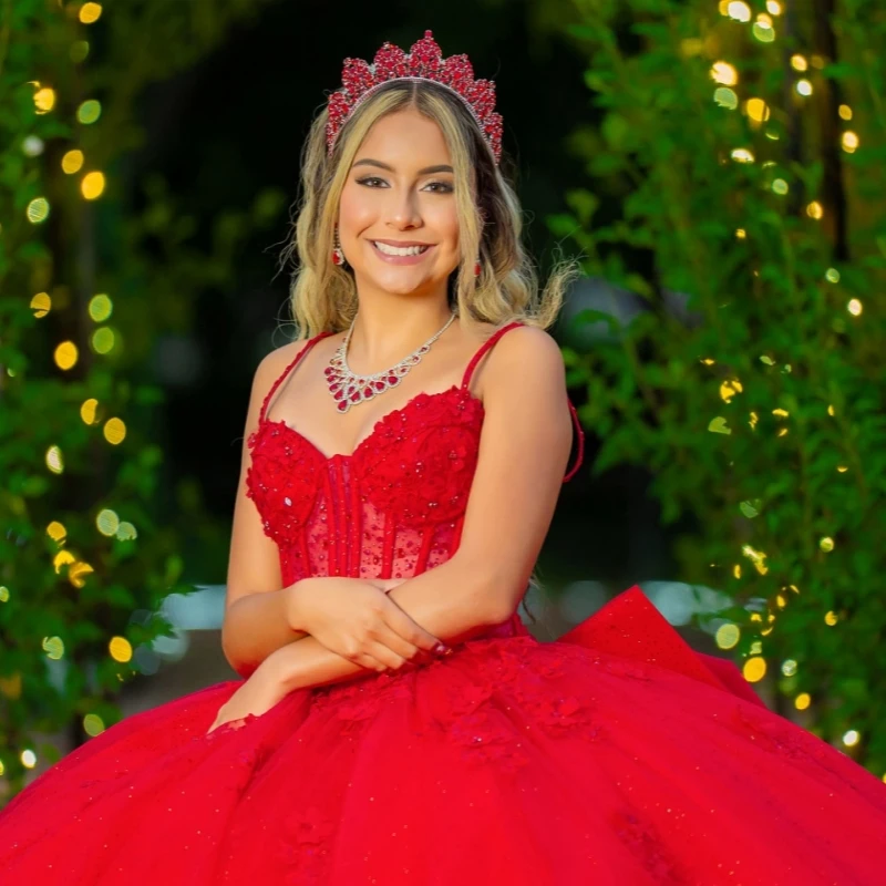 Red Shiny Ball Gown Quinceanera Dresses Spaghetti Strap Sequin Applique Lace Bow Beads Corset Tull Party Birthday Sweet 16 Dress