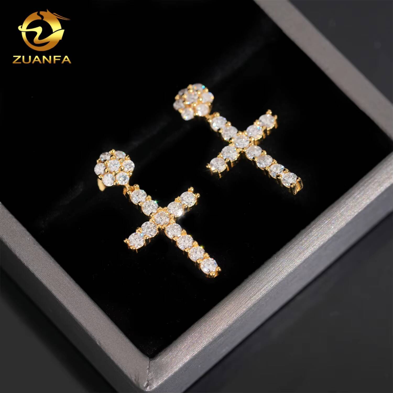 Ready Shipping Cross Hip Hop Earrings 925 Silver Moissanite Diamond Drop Earrings Screw Back Pass Diamond Tester