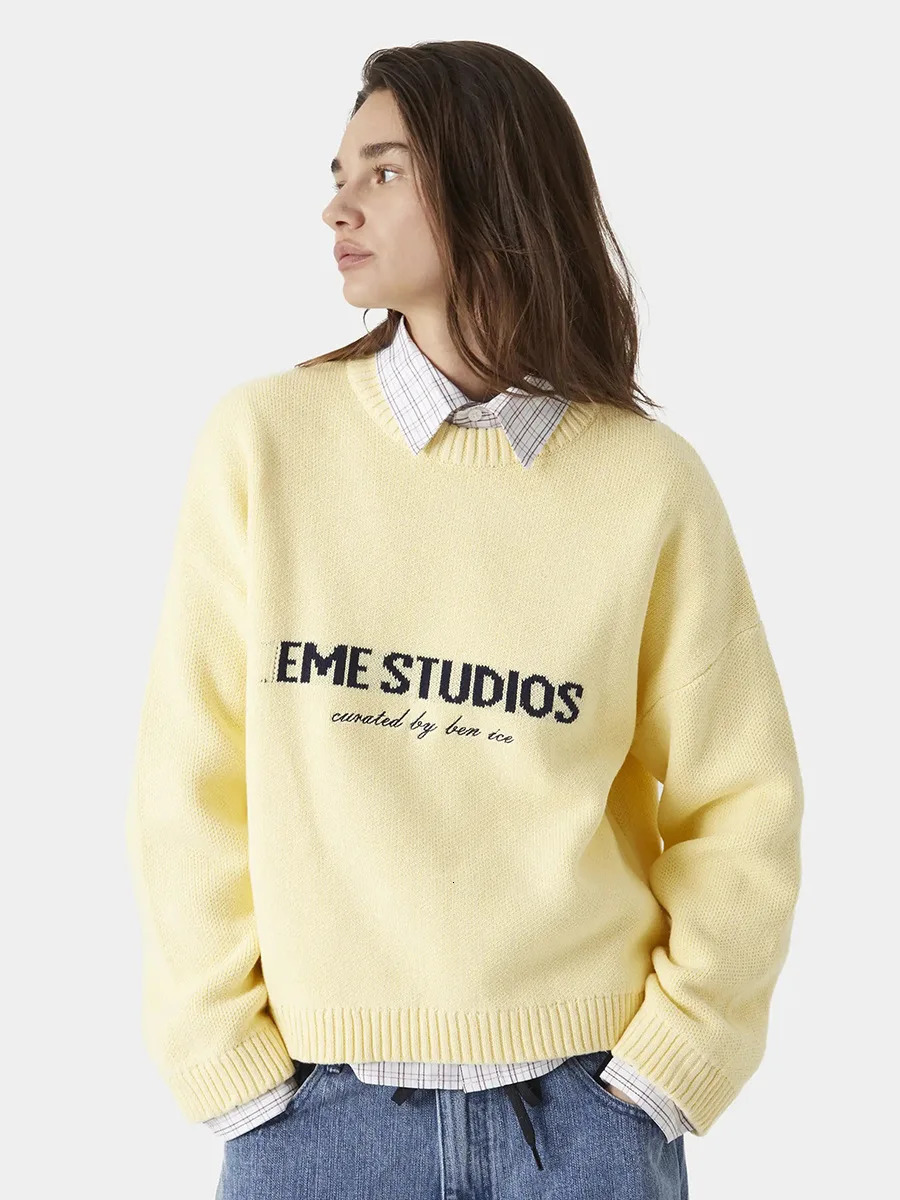 Wolfeel Womens Autumn Winter Knit Pullover Sweater Loose Fit Lazy Style Crew Neck Yellow Embroidery Jumpers 251029