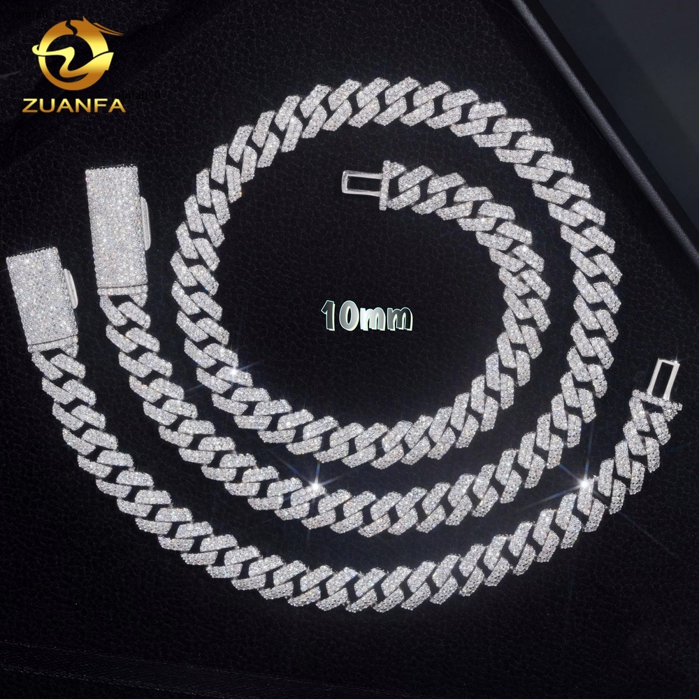 Source Factory 10mm Moissanite Chain Cuban Links Prong Chain Pass Diamond Tester 925 Silver Cuban Link Chain Necklace 2 Tone