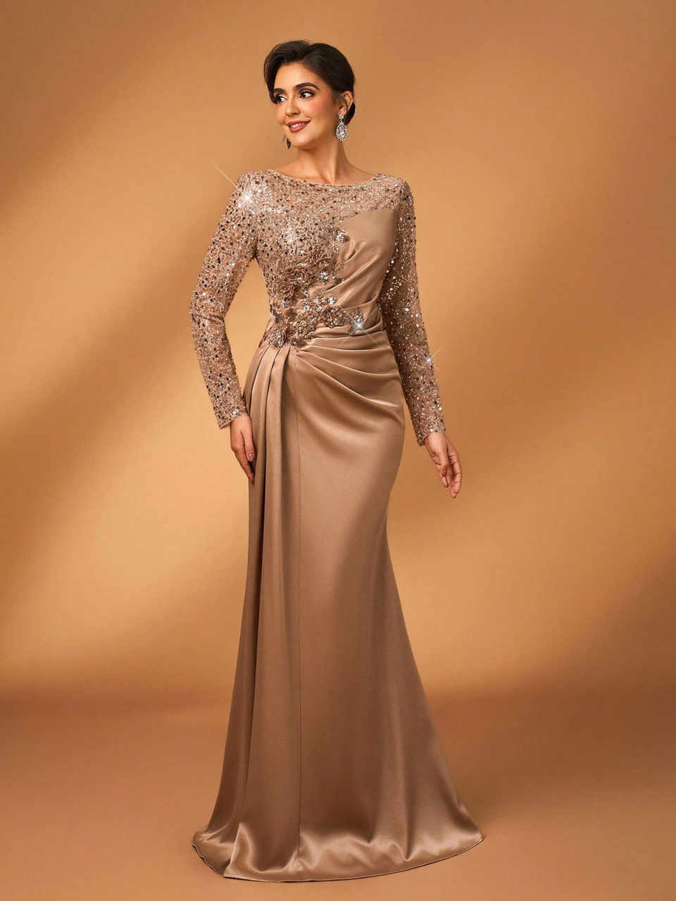Elegant Sequins Long Sleeve Evening Dresses Mermaid Mother's Dresses 3D Floral Floor Length Formal Party Custom Made