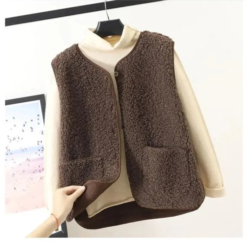 Lambs Fleece Vests Jacket Spring Autumn Women Button Waistcoat Winter Warm Fleece Sleeveless Outwear Female 251029