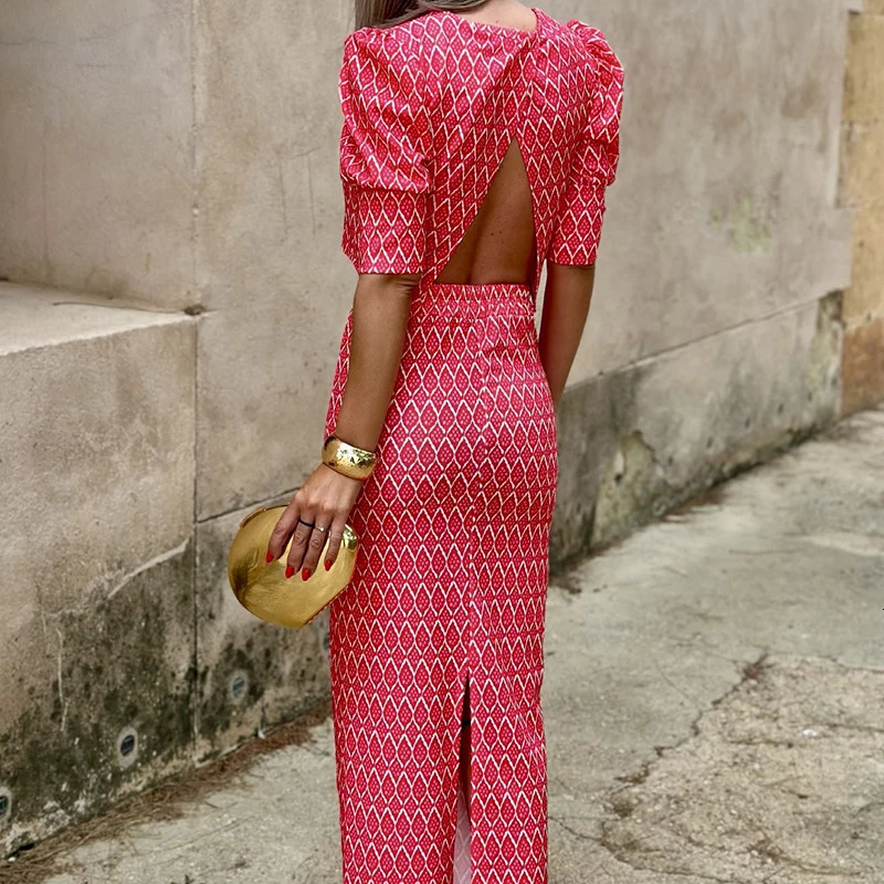 Summer Fashion Slit Skirt Suits Chic Geometry Print Puff Sleeve TopDress Set Temperament O Neck Backless Evening Cloth 2pc 251016