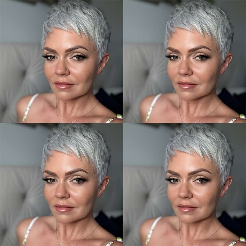 -Looking Brazilian Human Pixie Cut Wig For Women Grey Short Bob With Bangs, 150% Density Glueless Layered Wig, Pre-Plucked Hairline Rose Net No Glue A