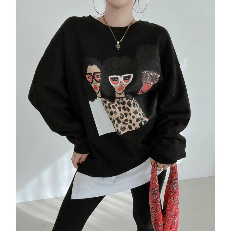 Designer Fashion Autumn/Winter Retro Personalized Round Neck Cartoon Printed Design Loose New Multi functional Long Sleeve Wool Women's Sweatshir