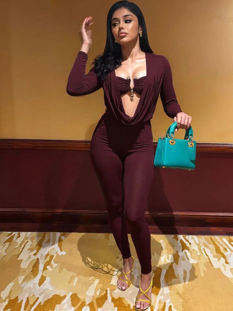Sisterlinda Swinging Neck Slim Jumpsuits Sexy Solid Cleavage Full Sleeve Elastic OverallsInside Chest Tanks Mujer Clubwear 251029