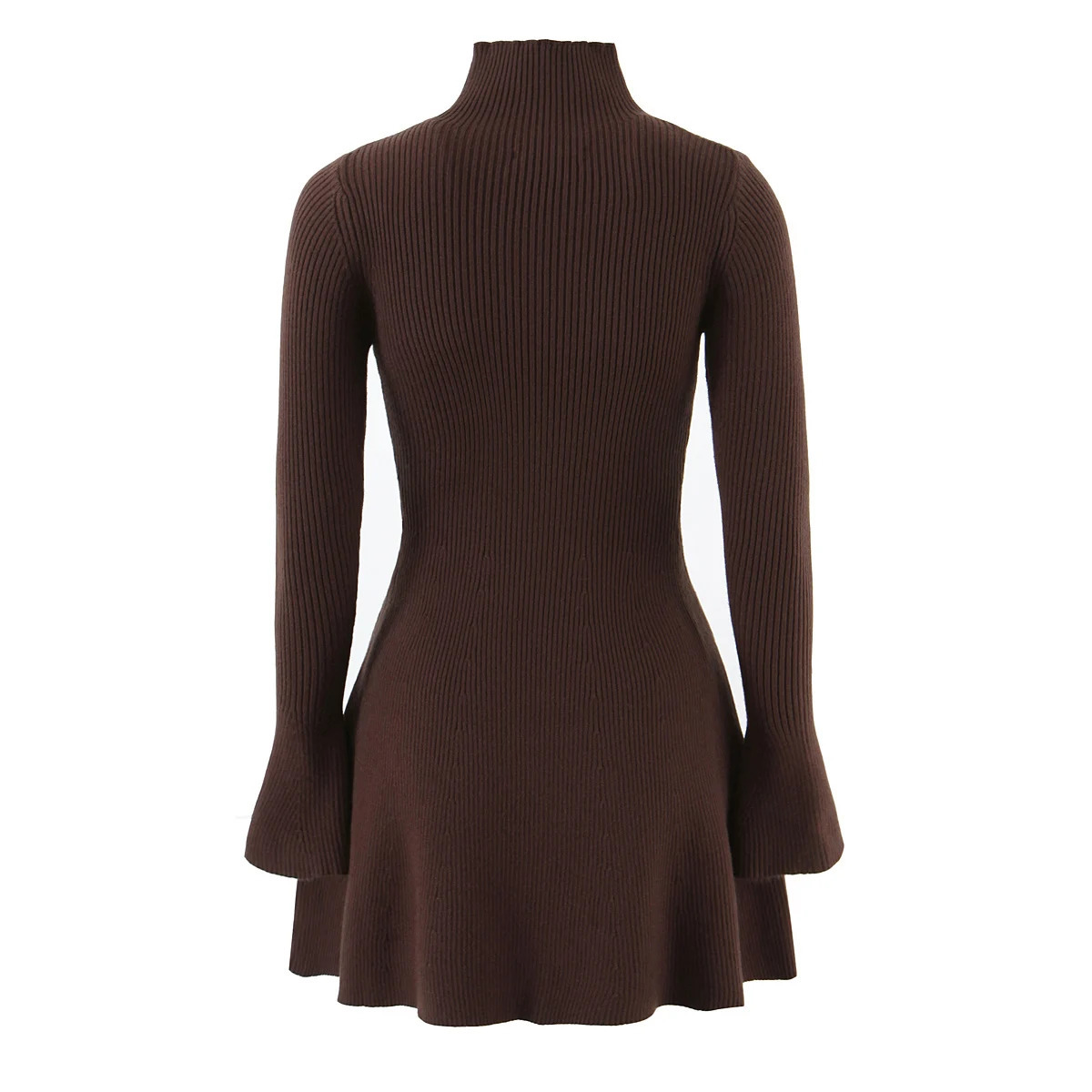 2025 Sexy High Collar Rib Line Knitted Long Flare Sleeve Sweater Dress Women Slim Waist Swing Short Dresses Knitwear Robe Brown 251029