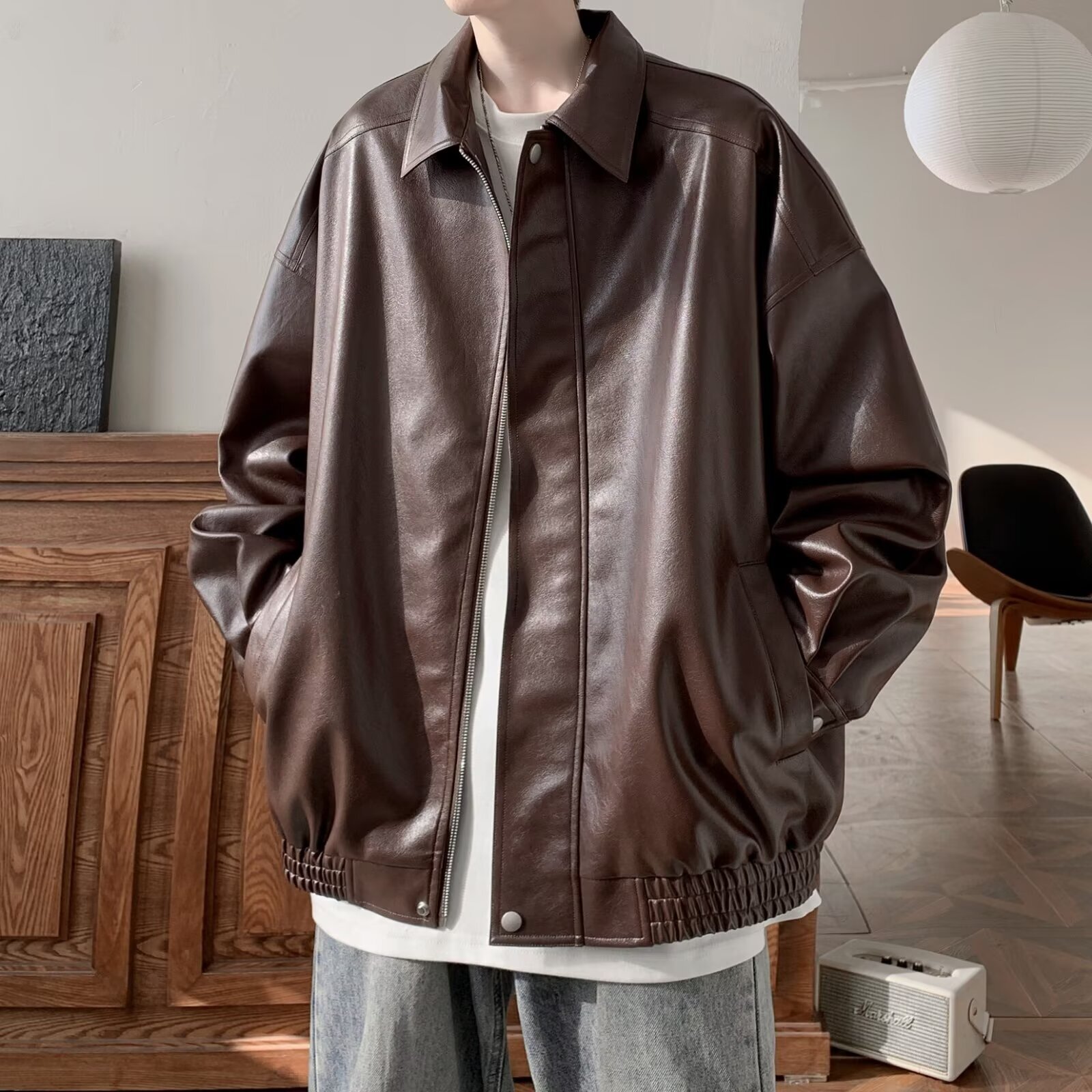 2025 American Style Designer Jacket Leather Jacket For Men Autumn And Winter High-end Feel Cool And Trendy Brand Casual Loose PU Leather Turn-down Col
