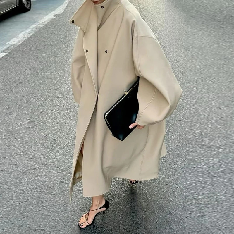 Womens Elegant Faux Suede Long Jacket Stand Collar Bat Sleeve Solid Overcoat Outwears Autumn Winter Female Streetwears 251028