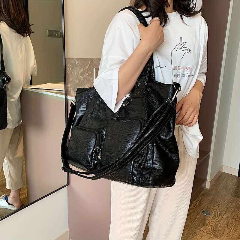 Black Crocodile Pattern For Women Capacity Multi Shoulder, Stylish Versatile For, Work, Shopping, Travel, And Everyday Use, Travel Modern