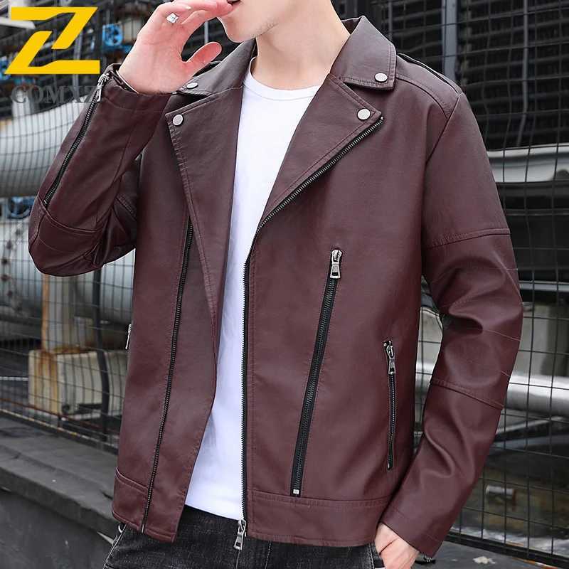 COMXZ Mens PU Leather Jacket New Luxury Elegant Suit Collar Cycling Leather Coat Trendy Slim Windproof Spring Autumn OuterwearT251029