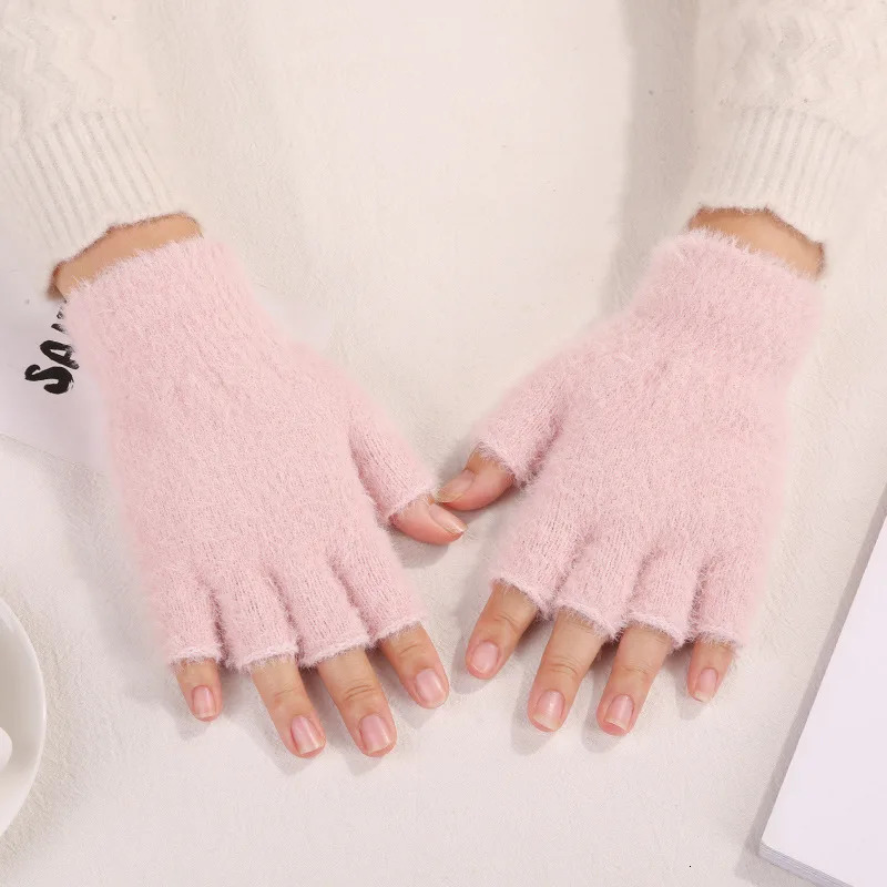 Winter Warm Knit Gloves Half Finger Men Women Thermal Gloves Autumn Solid Color Adult Writing Office Thick Elastic Plush Gloves 251029