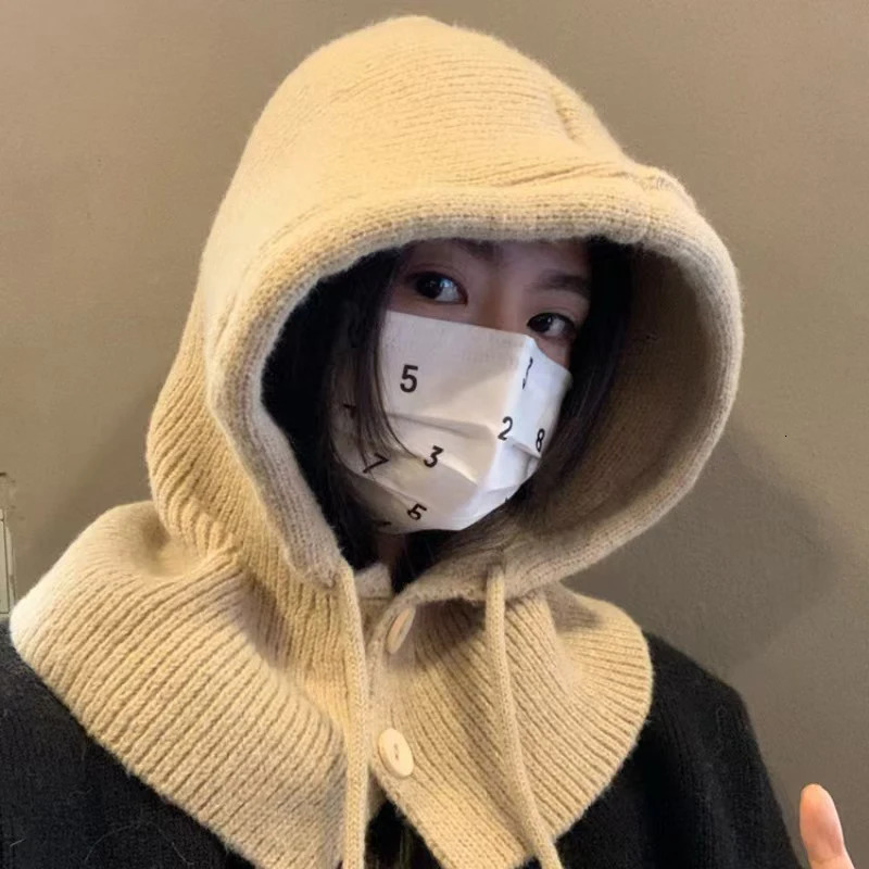 Fashion Winter Hats Scarf Set Wool Knitted Hooded Caps Balaclava Neck Warmer Scarf Shawl Gothic Pullover Hat Beanies Bonnet 251029