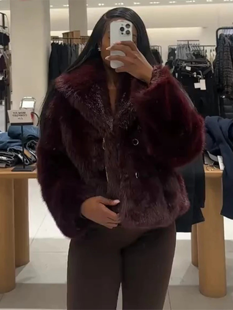 Elegant Burgundy Red Fur Coat Women Loose Warm Lapel Lace Up Full Sleeve Coats Female Chic Thicken Belt Winter Outwear Lady 251029
