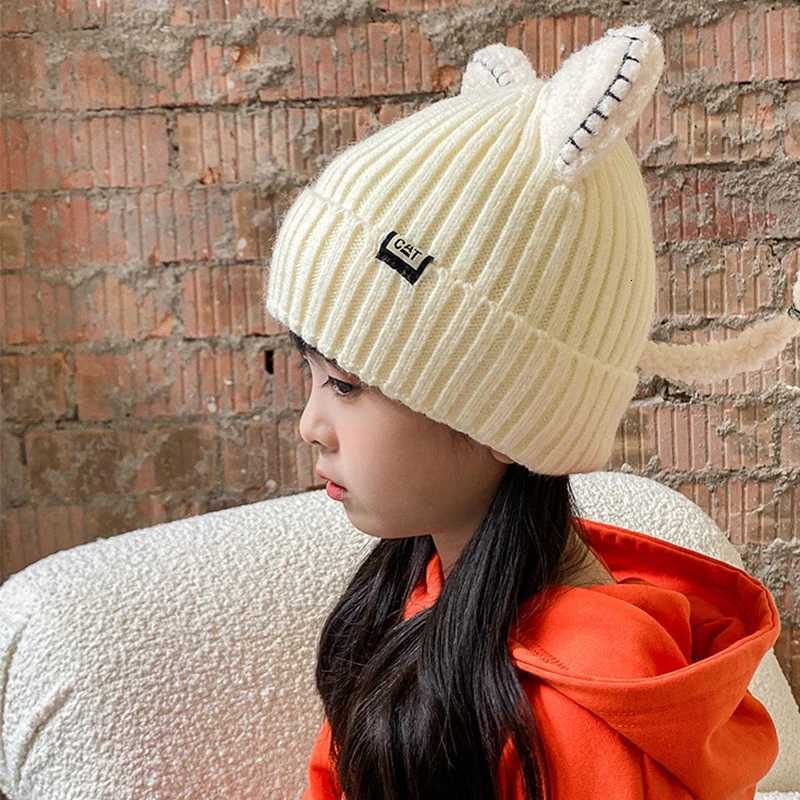 Solid Color Baby Winter Hat Kids Thicken Woolen Knitted Beanie Cartoon Cat Ear Girls Children Cold Proof Warm Ear Protection Cap251028