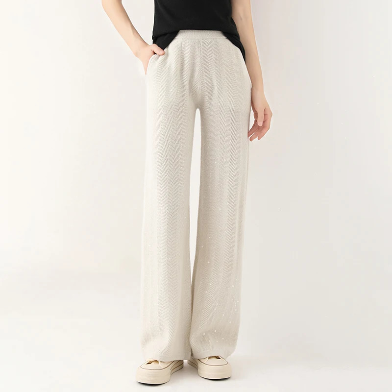 Women Wool Wide Leg Pants Elastic Waist Threaded Pattern Trousers Autumn Winter 100 Merino Knit Soft Warm 251029