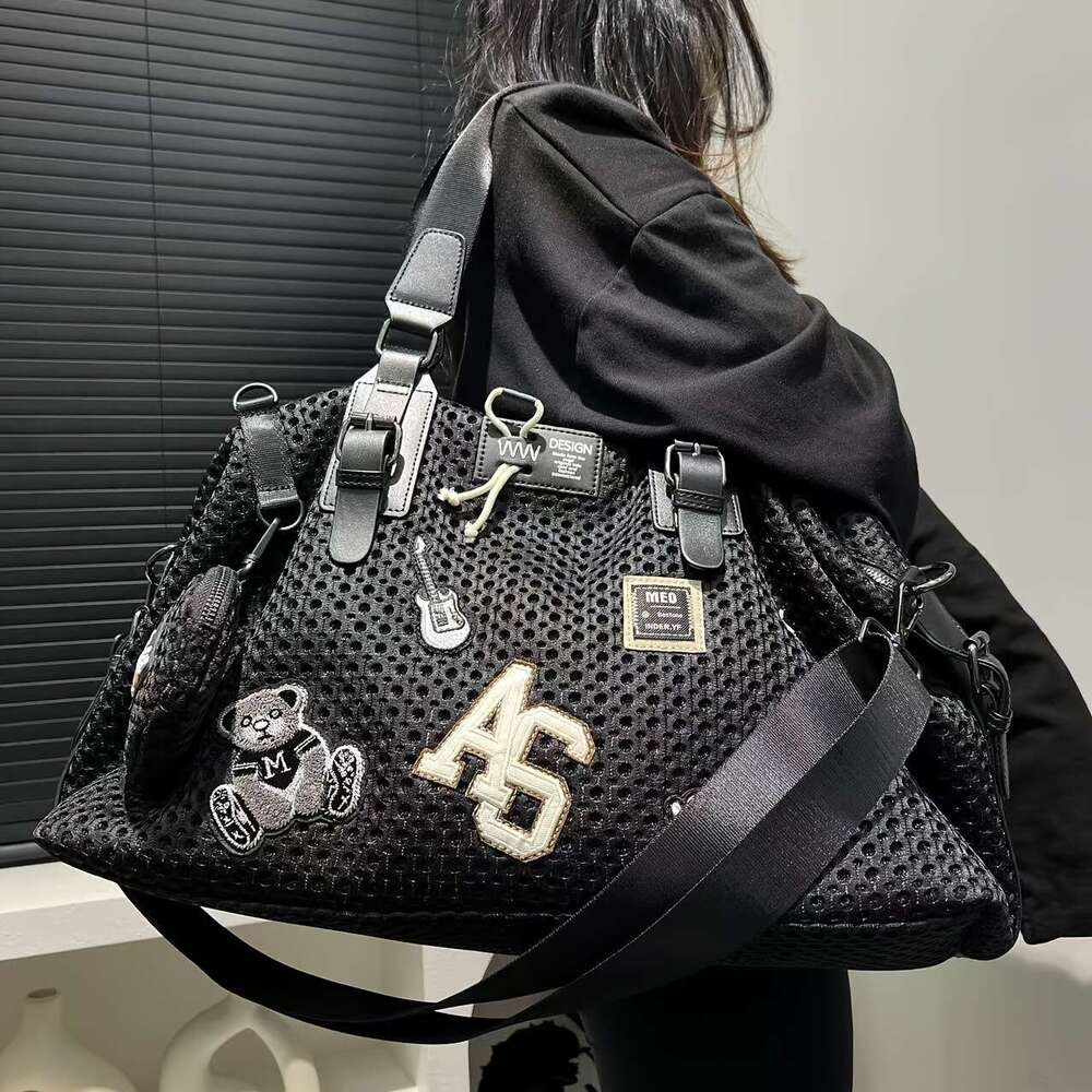 Large Capacity Shoulder Bag Women, Black With Teddy Bear Patch, Versatile Tote, Casual Vacation Handbag, Essential Travel Accessory, Ideal