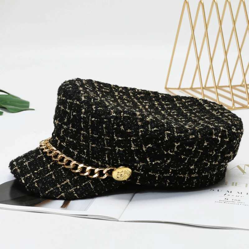 Pearl Chain Flat Top Navy Hat Fashion Beret Newsboy Caps Berret Woman Octagonal Hats Womens Designer Apparel