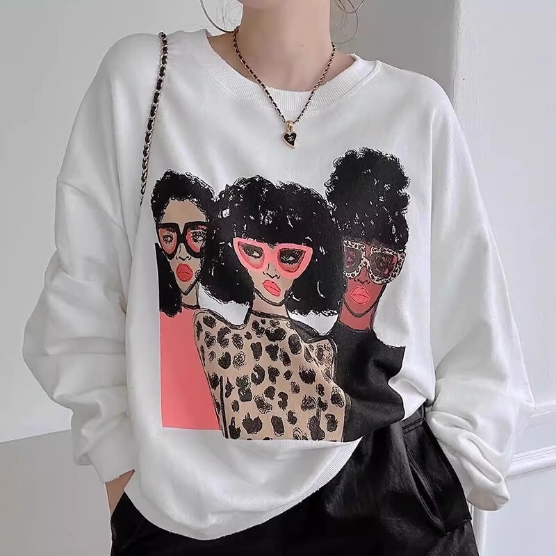 Designer Fashion Autumn/Winter Retro Personalized Round Neck Cartoon Printed Design Loose New Multi functional Long Sleeve Wool Women's Sweatshir