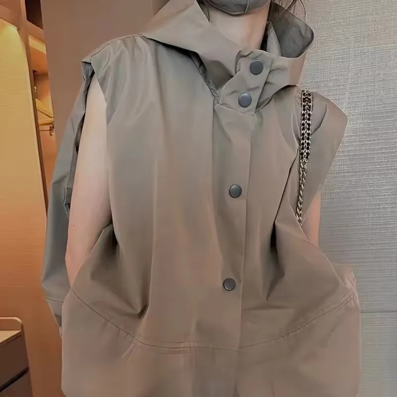 Women Hooded Vests Coats Single Breasted Loose Casual Tops Spring Autumn Korean Simple Allmatch Breathable Waistcoat 251029