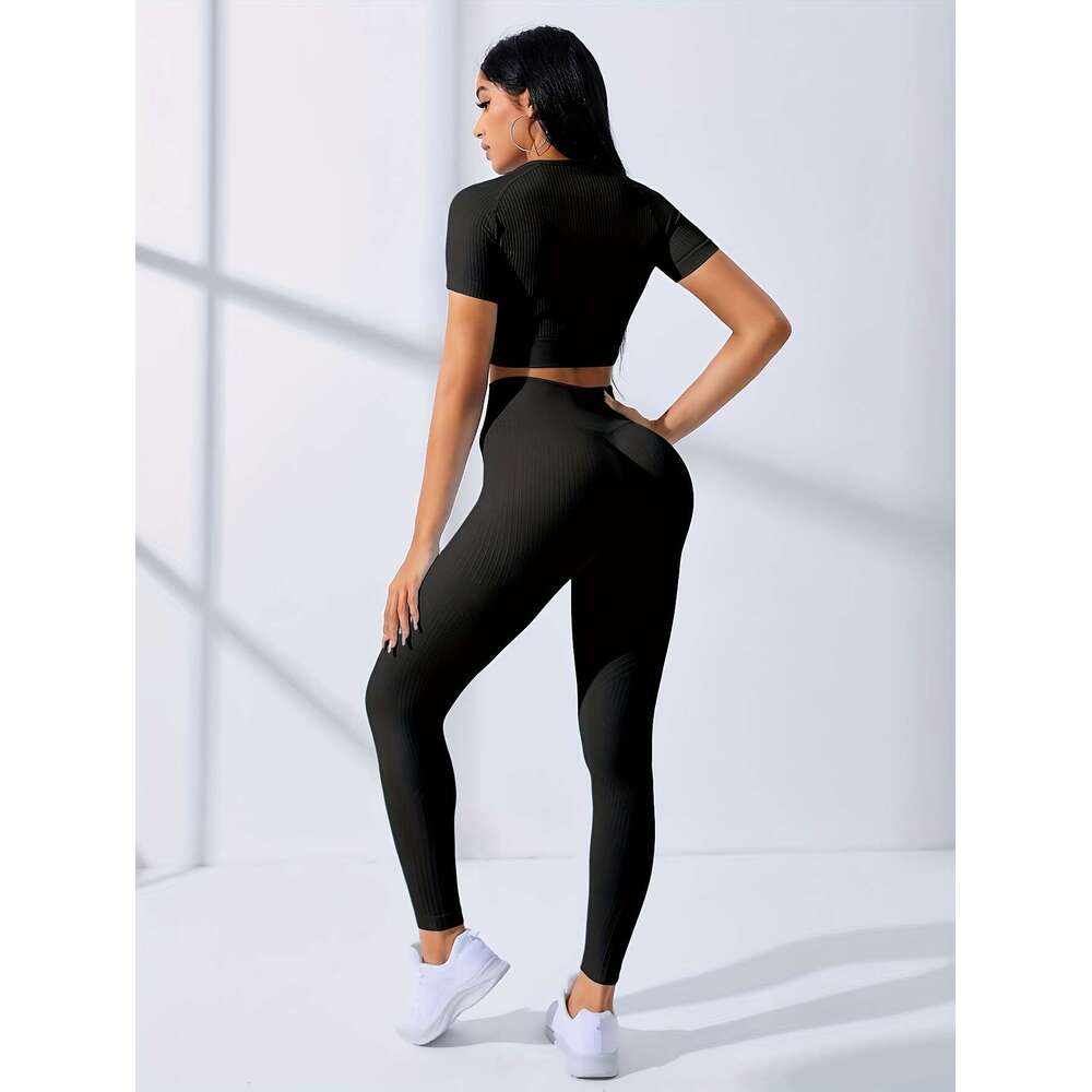 Two-Piece Outdoor Sports Suit - Short Sleeve Navel Top High Waist Solid Color Running Tights, Women's Workout Sets for Yoga and Dail Wear with Me